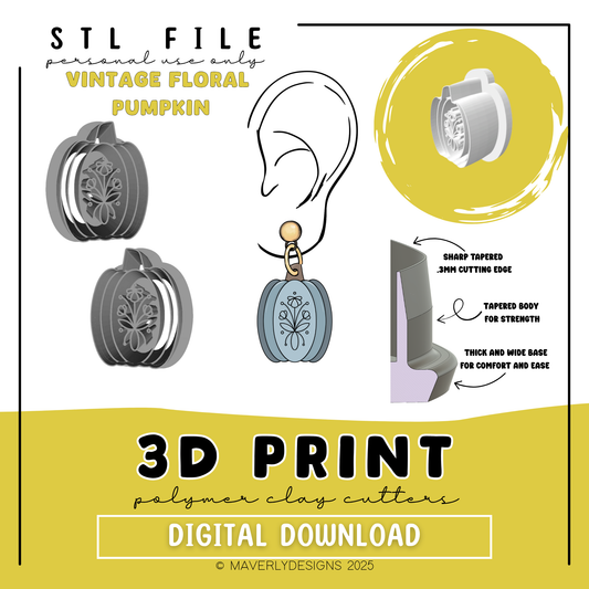 Vintage Floral Pumpkin - Digital Download - STL Polymer Clay Cutter - Print your own Clay Cutter