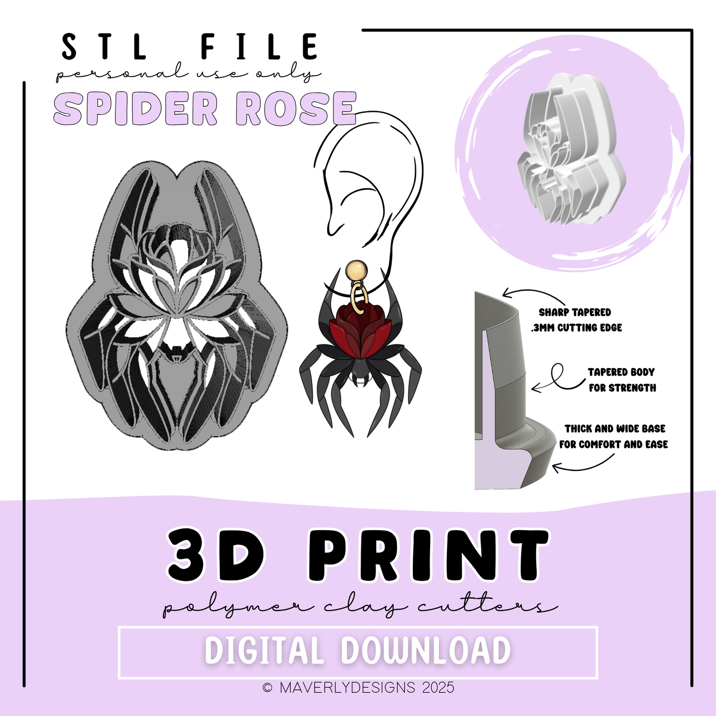 Spider Rose - Digital Download - STL Polymer Clay Cutter - Print your own Clay Cutter