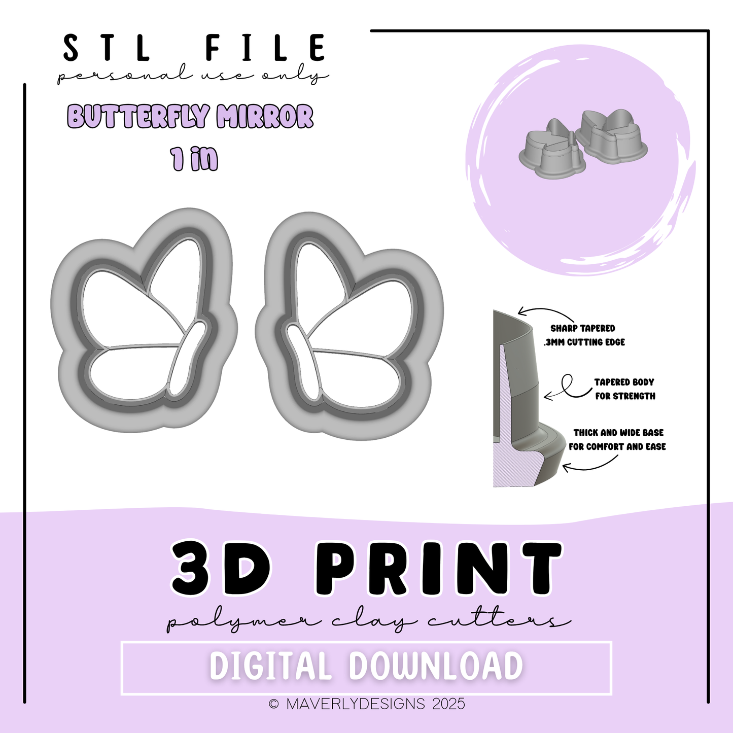 Butterfly Mirror 1in - Digital Download - STL Polymer Clay Cutter - Print your own Clay Cutter - 2026