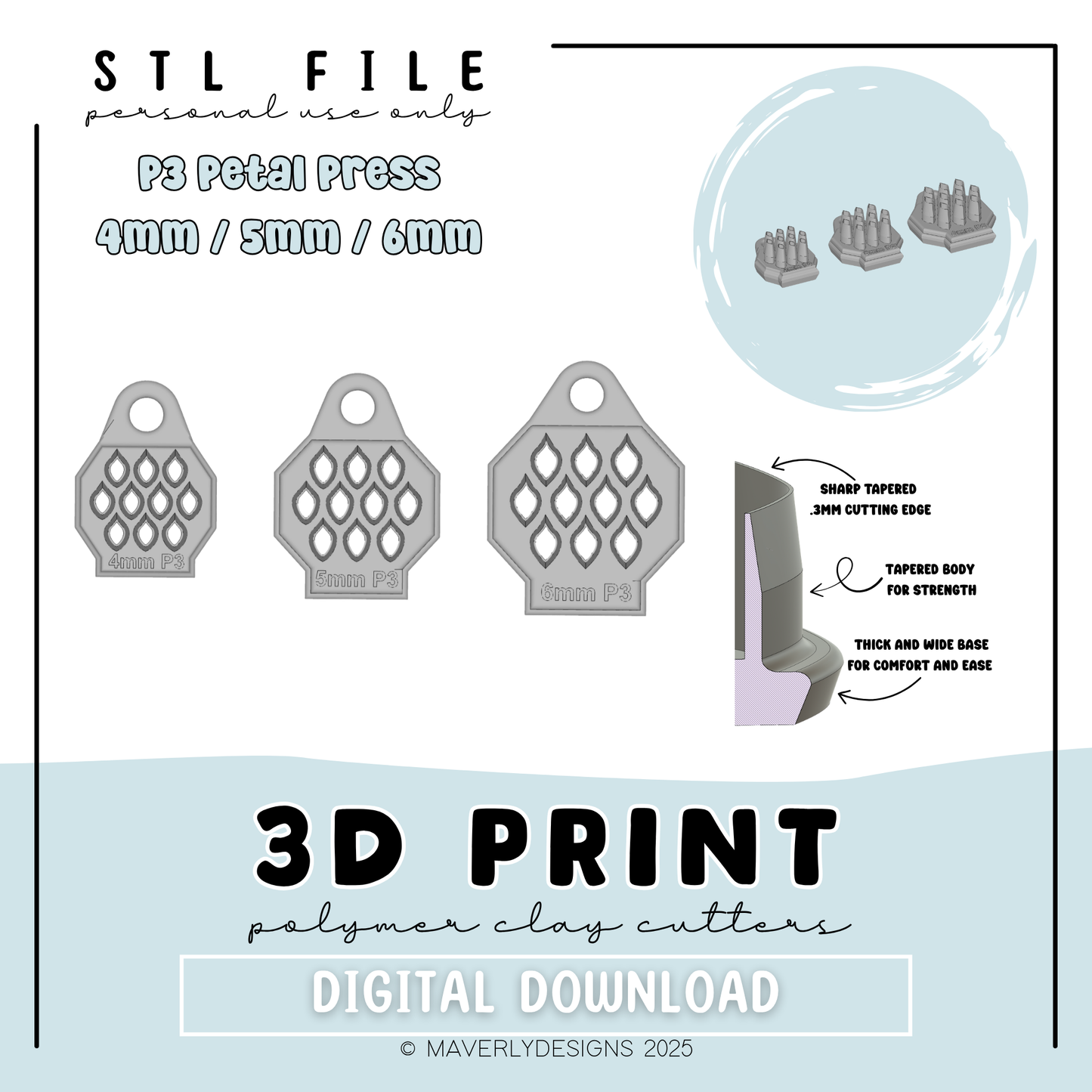 P3 Petal Press Trio - Digital Download - STL Polymer Clay Cutter - Print your own Clay Cutter - 2026
