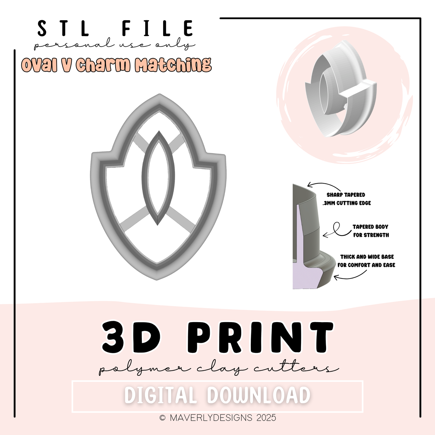 Oval V Charm Matching Cutter Digital Download - STL Polymer Clay Cutter - Print your own Clay Cutter - 2026