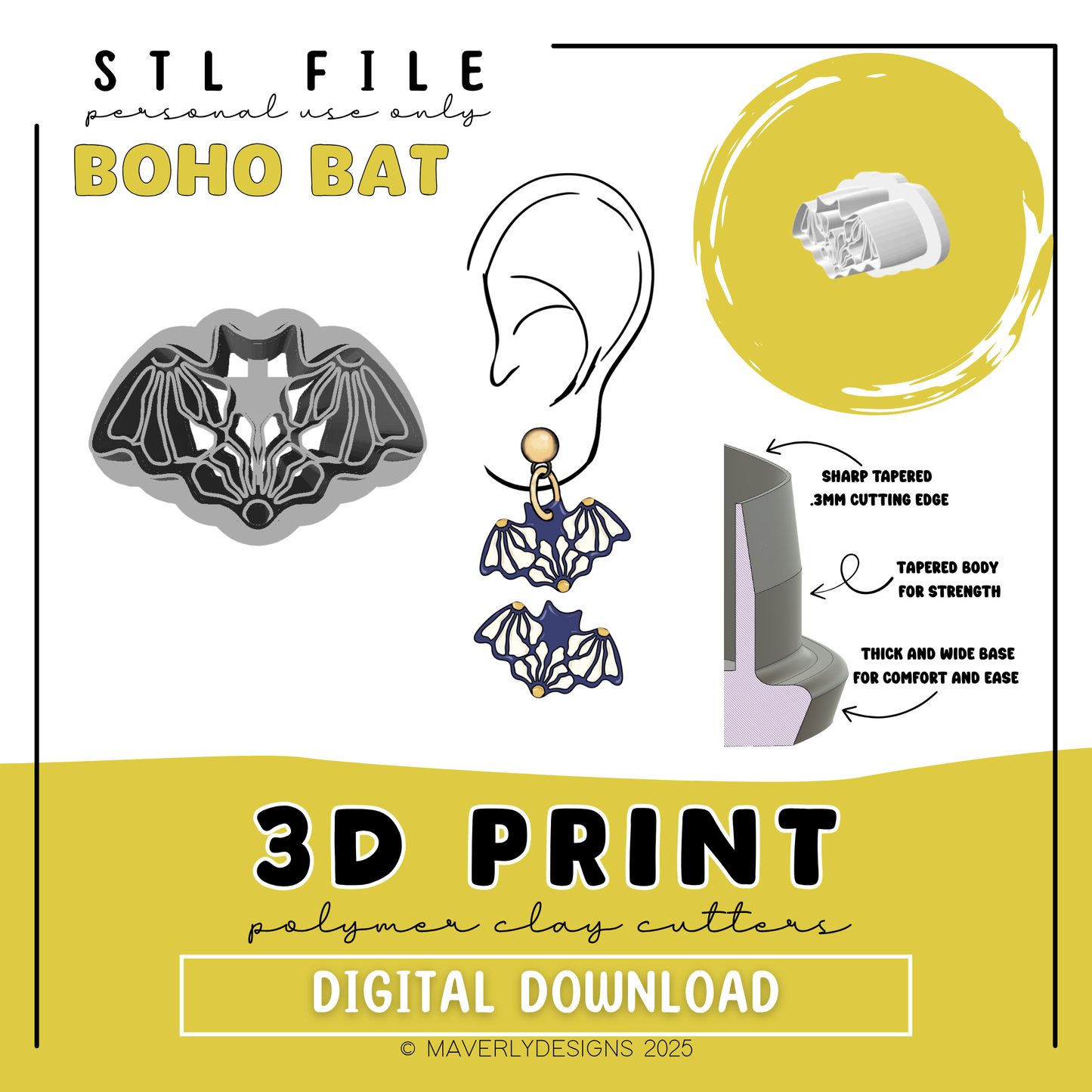 Boho Bat - Digital Download - STL Polymer Clay Cutter - Print your own Clay Cutter