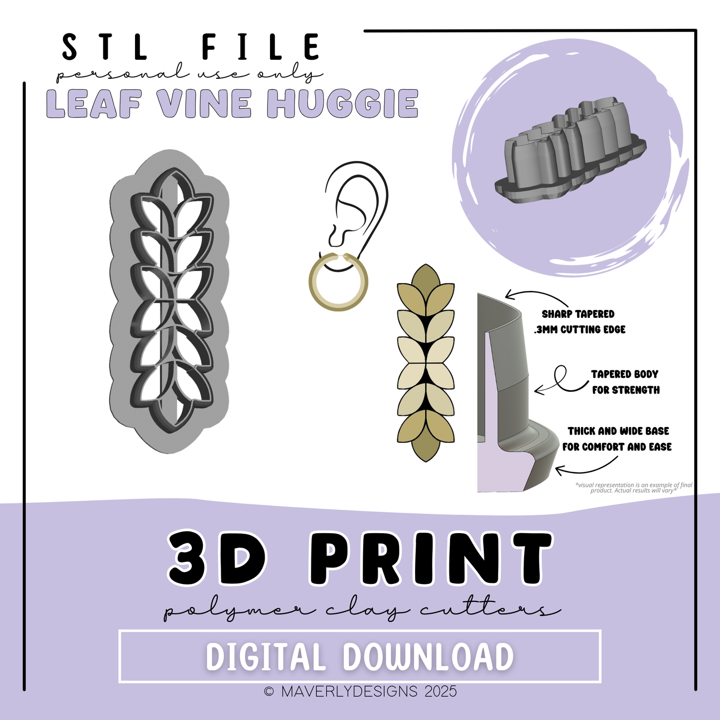 Leaf Vine Huggie - Digital Download - STL Polymer Clay Cutter - Print your own Clay Cutter