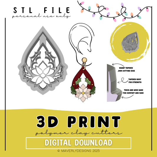 Teardrop Poinsettia Window - Digital Download - STL Polymer Clay Cutter - Print your own Clay Cutter