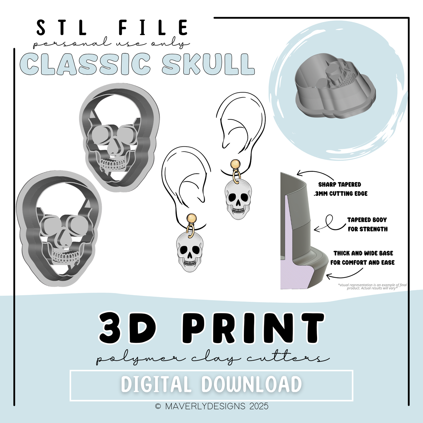 Skeleton Head Classic- Digital Download - STL Polymer Clay Cutter - Print your own Clay Cutter