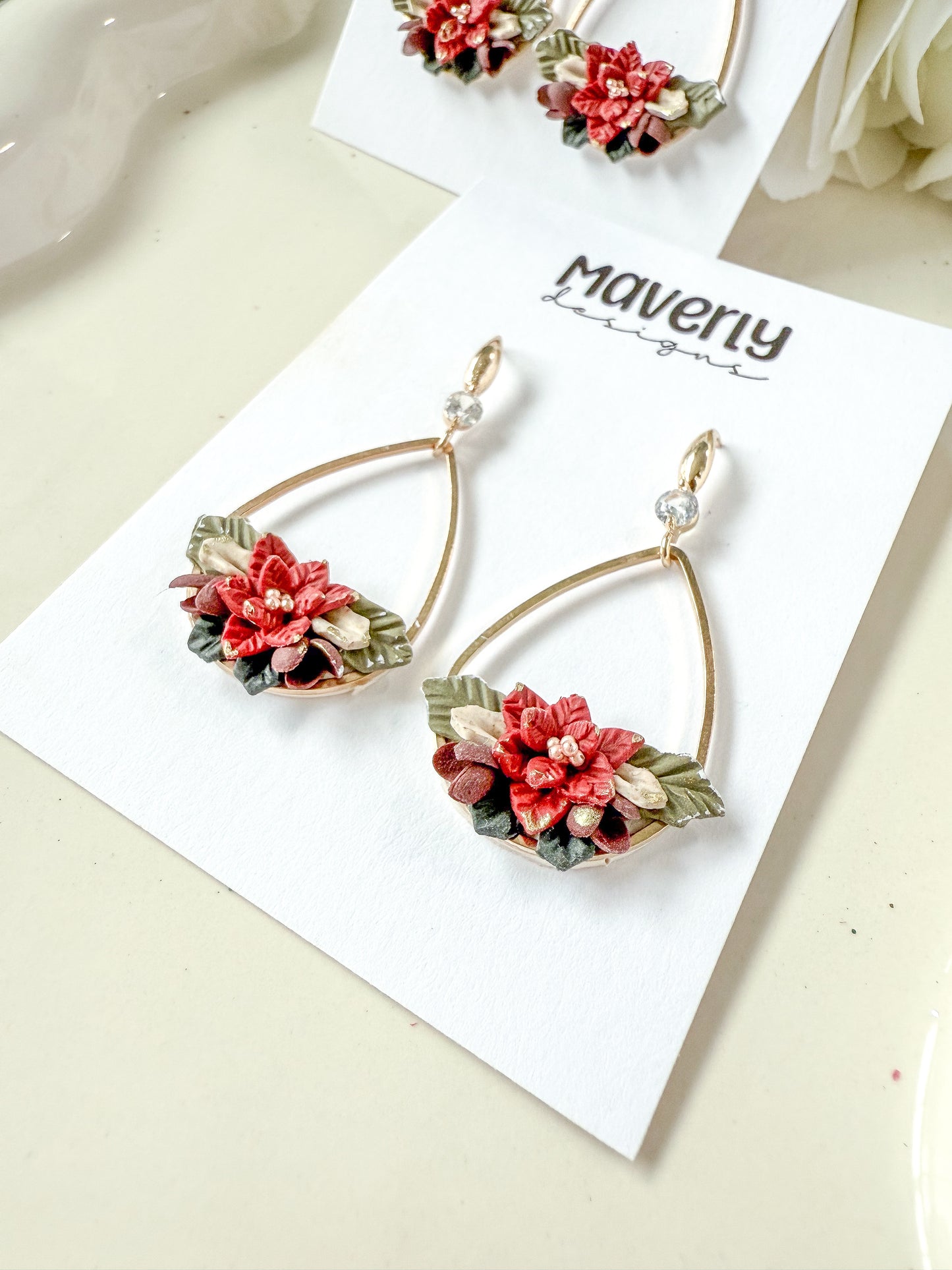 Poinsettia Teardrop Dangle Earrings - One Pair - November 2025