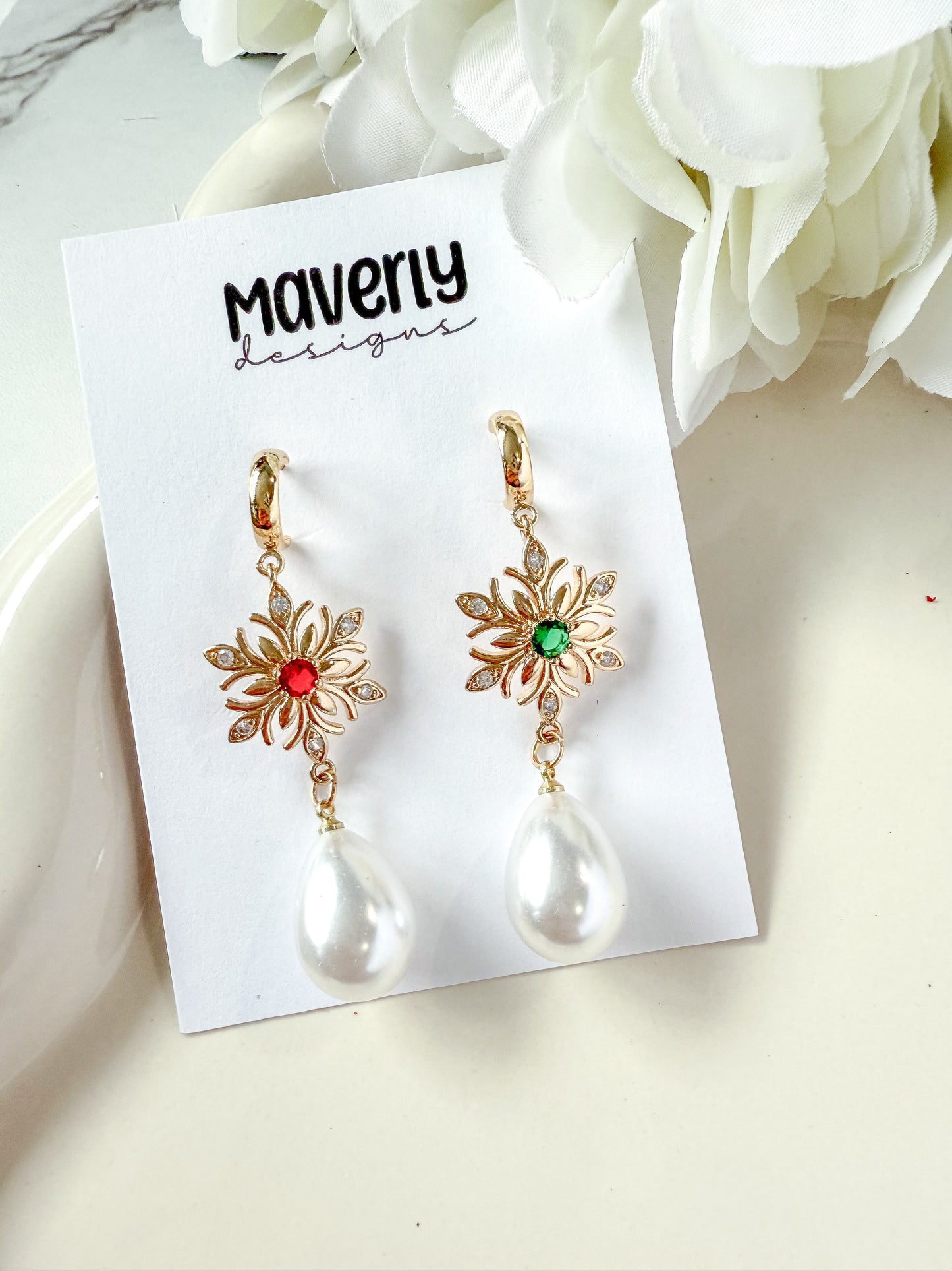 Snowflake Green/Red with Pearl- One Pair - November 2025