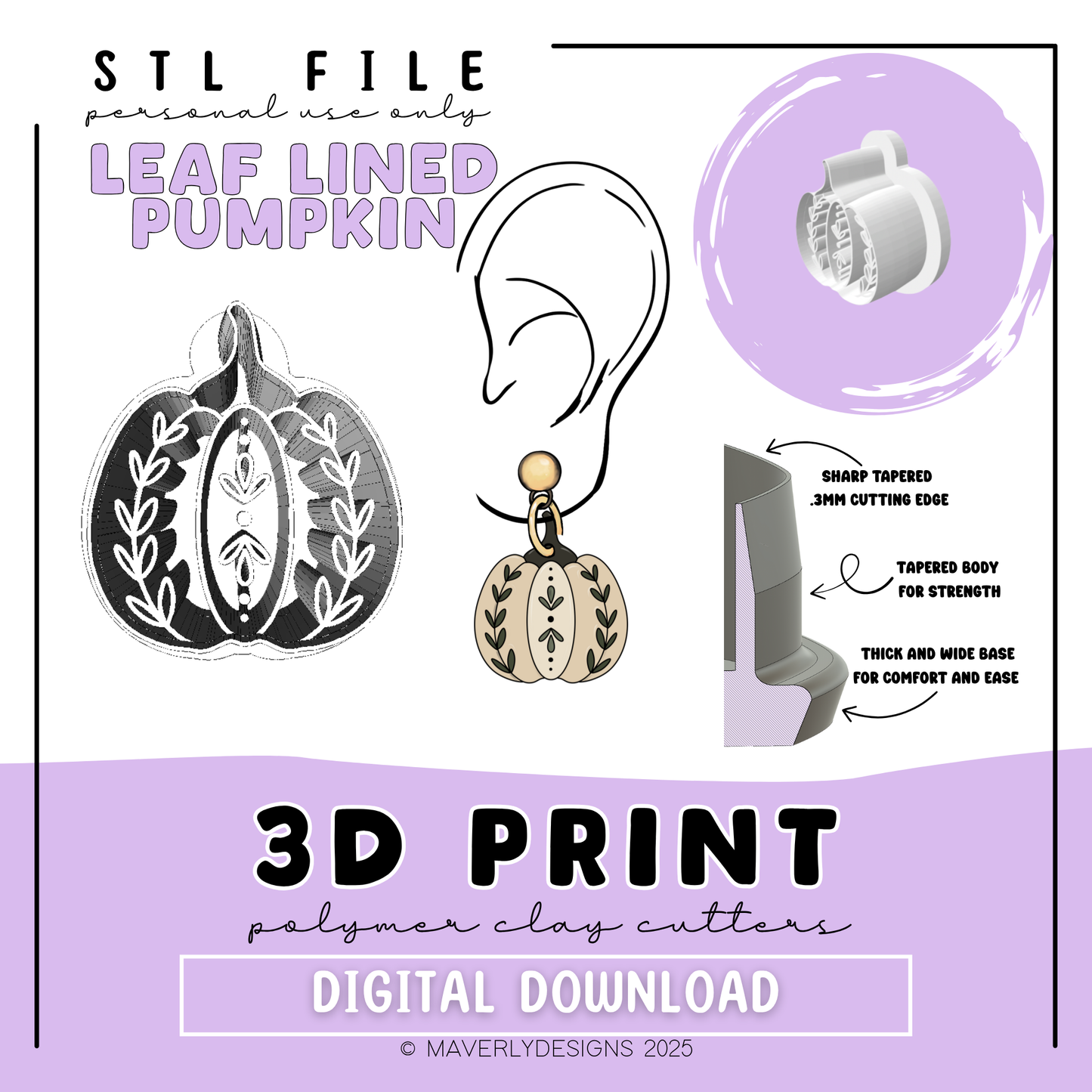 Leaf Lined Pumpkin - Digital Download - STL Polymer Clay Cutter - Print your own Clay Cutter