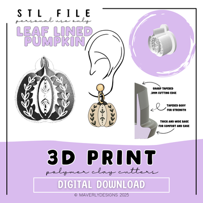 Leaf Lined Pumpkin - Digital Download - STL Polymer Clay Cutter - Print your own Clay Cutter