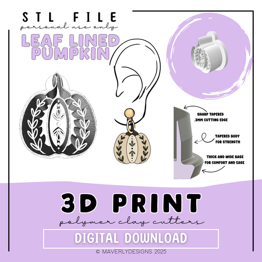 Leaf Lined Pumpkin - Digital Download - STL Polymer Clay Cutter - Print your own Clay Cutter