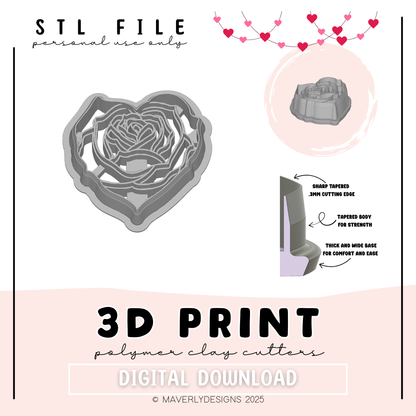Rose Heart - Valentine's Day - Digital Download - STL Polymer Clay Cutter - Print your own Clay Cutter