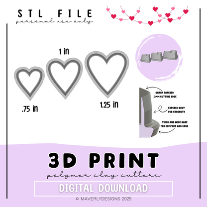 Slim Hearts - Valentine's Day - Digital Download - STL Polymer Clay Cutter - Print your own Clay Cutter