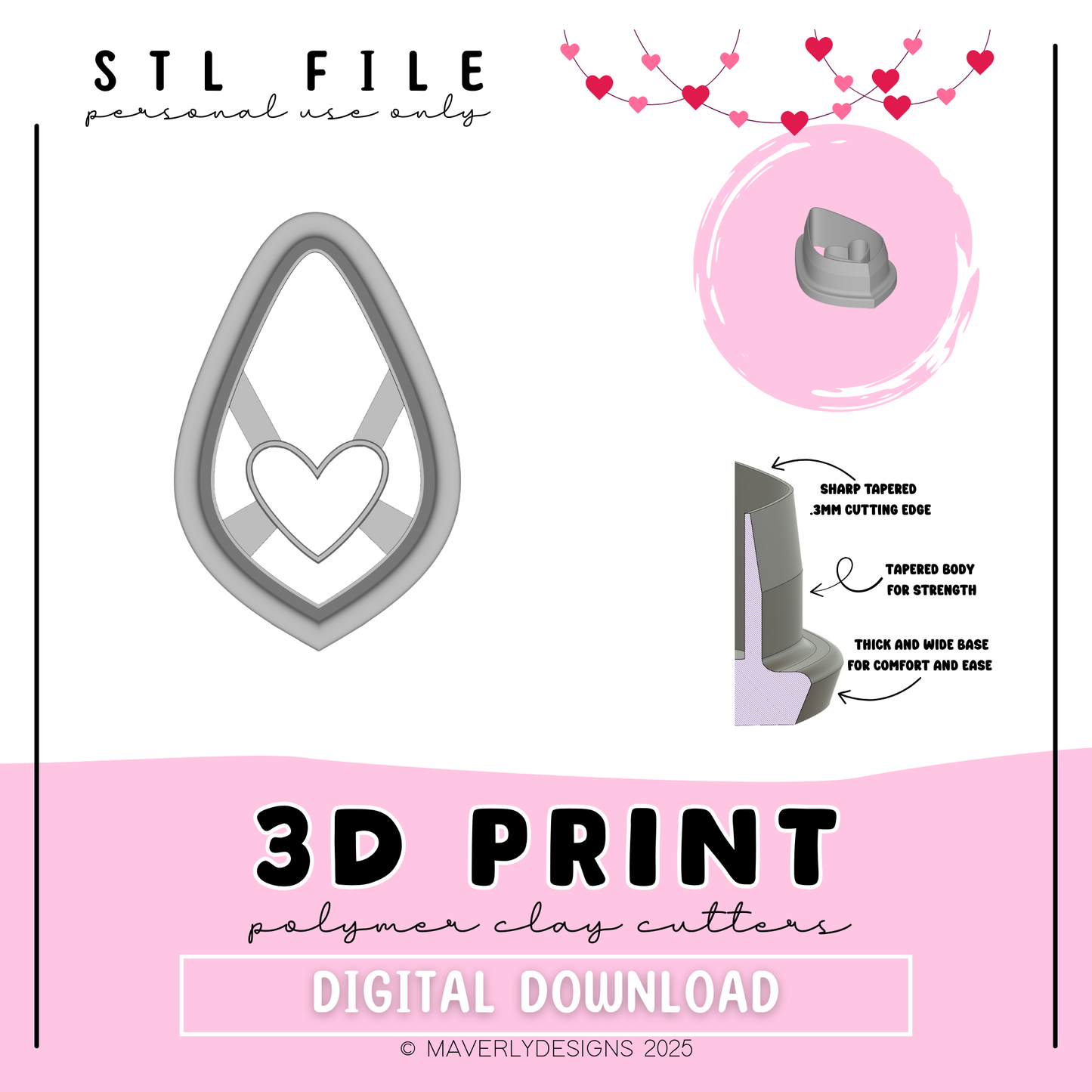 Teardrop Heart Imprint - Valentine's Day - Digital Download - STL Polymer Clay Cutter - Print your own Clay Cutter