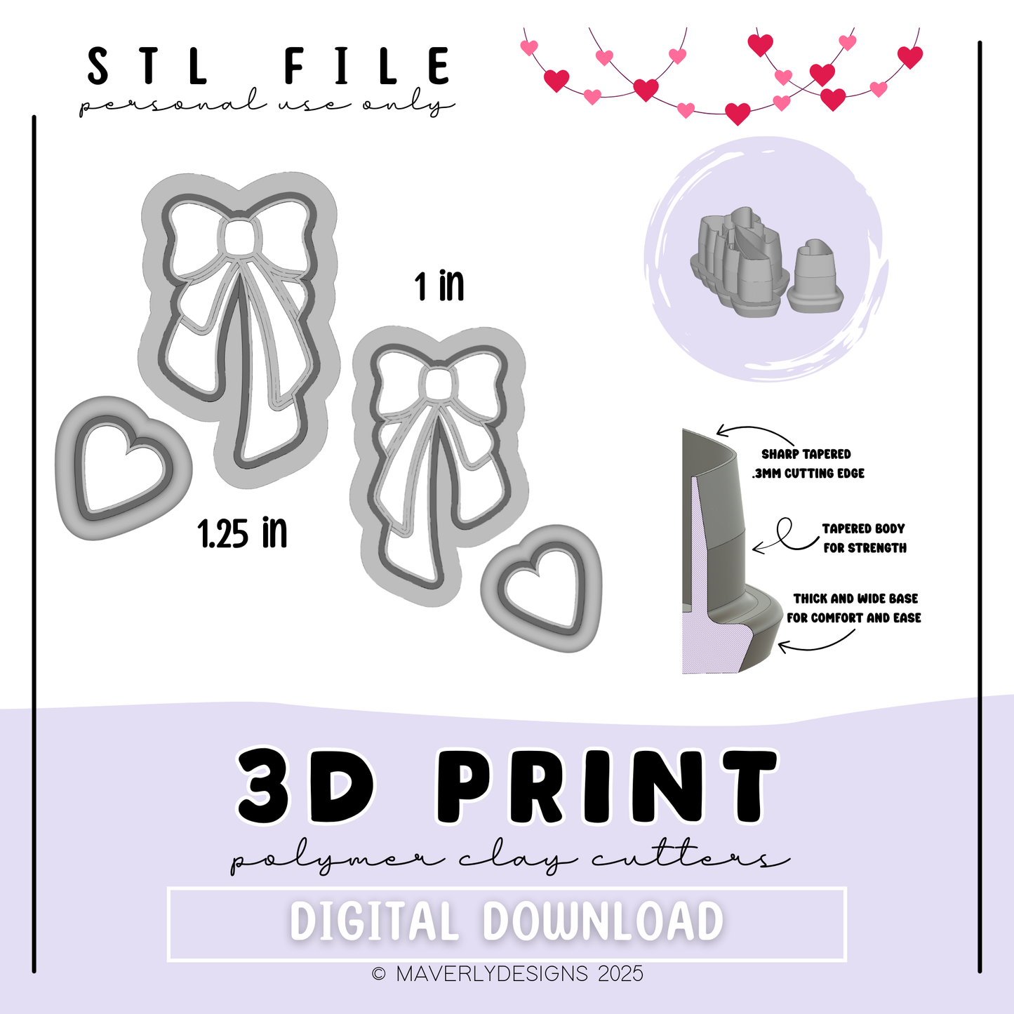 Coquette Bow and Heart Dangle - Valentine's Day - Digital Download - STL Polymer Clay Cutter - Print your own Clay Cutter
