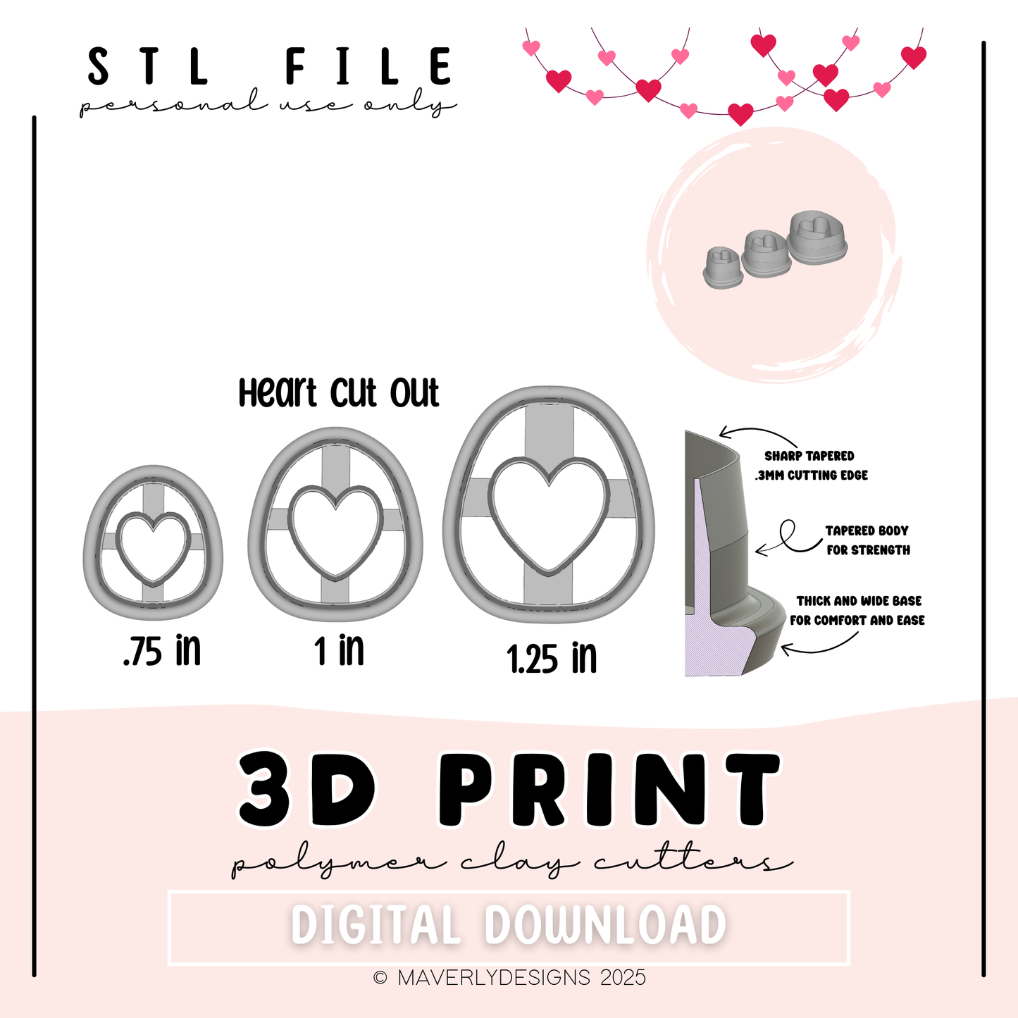 Oval Heart Cut Out Set - Valentine's Day - Digital Download - STL Polymer Clay Cutter - Print your own Clay Cutter