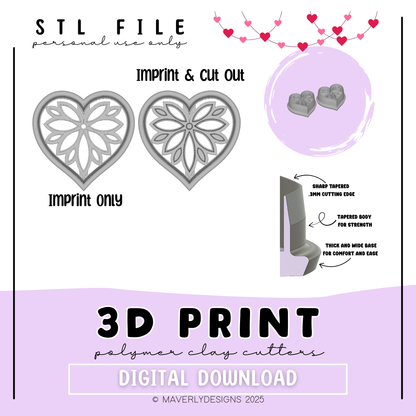 Rosa Heart Imprint and Cut Out - Valentine's Day - Digital Download - STL Polymer Clay Cutter - Print your own Clay Cutter