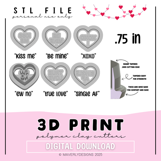 .75in Conversation Hearts - Valentine's Day - Digital Download - STL Polymer Clay Cutter - Print your own Clay Cutter