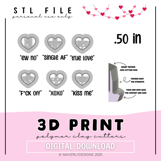 .50in Conversation Hearts - Valentine's Day - Digital Download - STL Polymer Clay Cutter - Print your own Clay Cutter