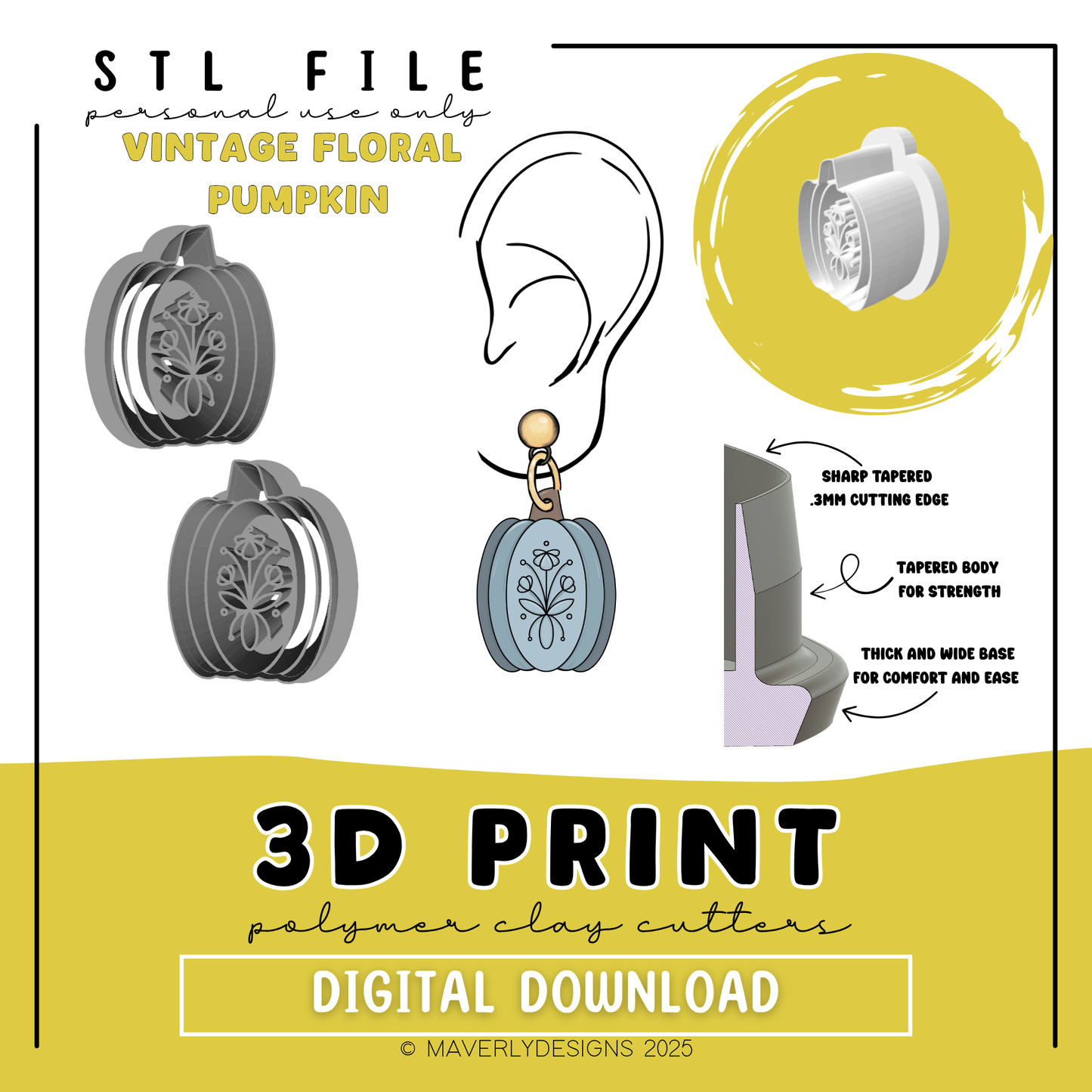 Vintage Floral Pumpkin - Digital Download - STL Polymer Clay Cutter - Print your own Clay Cutter