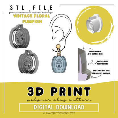 Vintage Floral Pumpkin - Digital Download - STL Polymer Clay Cutter - Print your own Clay Cutter