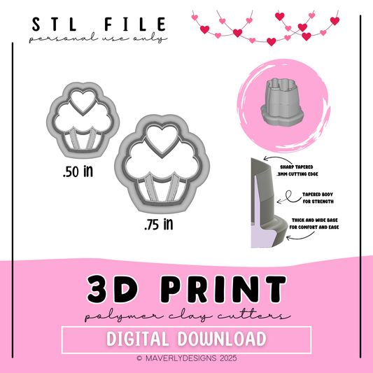 Cupcake Heart Studs - Valentine's Day - Digital Download - STL Polymer Clay Cutter - Print your own Clay Cutter