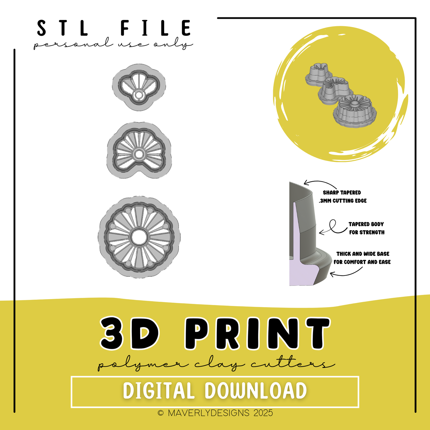 Elsie Trio - Digital Download - STL Polymer Clay Cutter - Print your own Clay Cutter