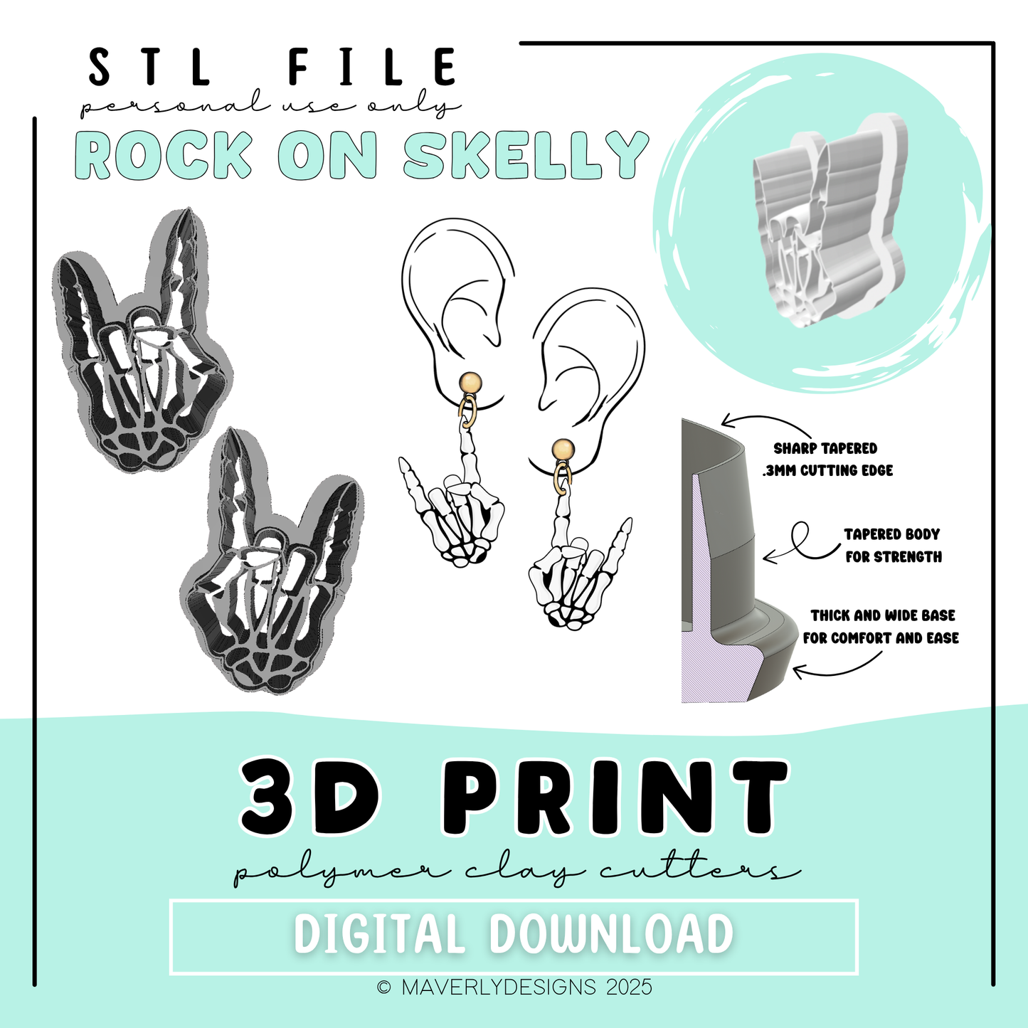 Rock on Skelly! - Digital Download - STL Polymer Clay Cutter - Print your own Clay Cutter