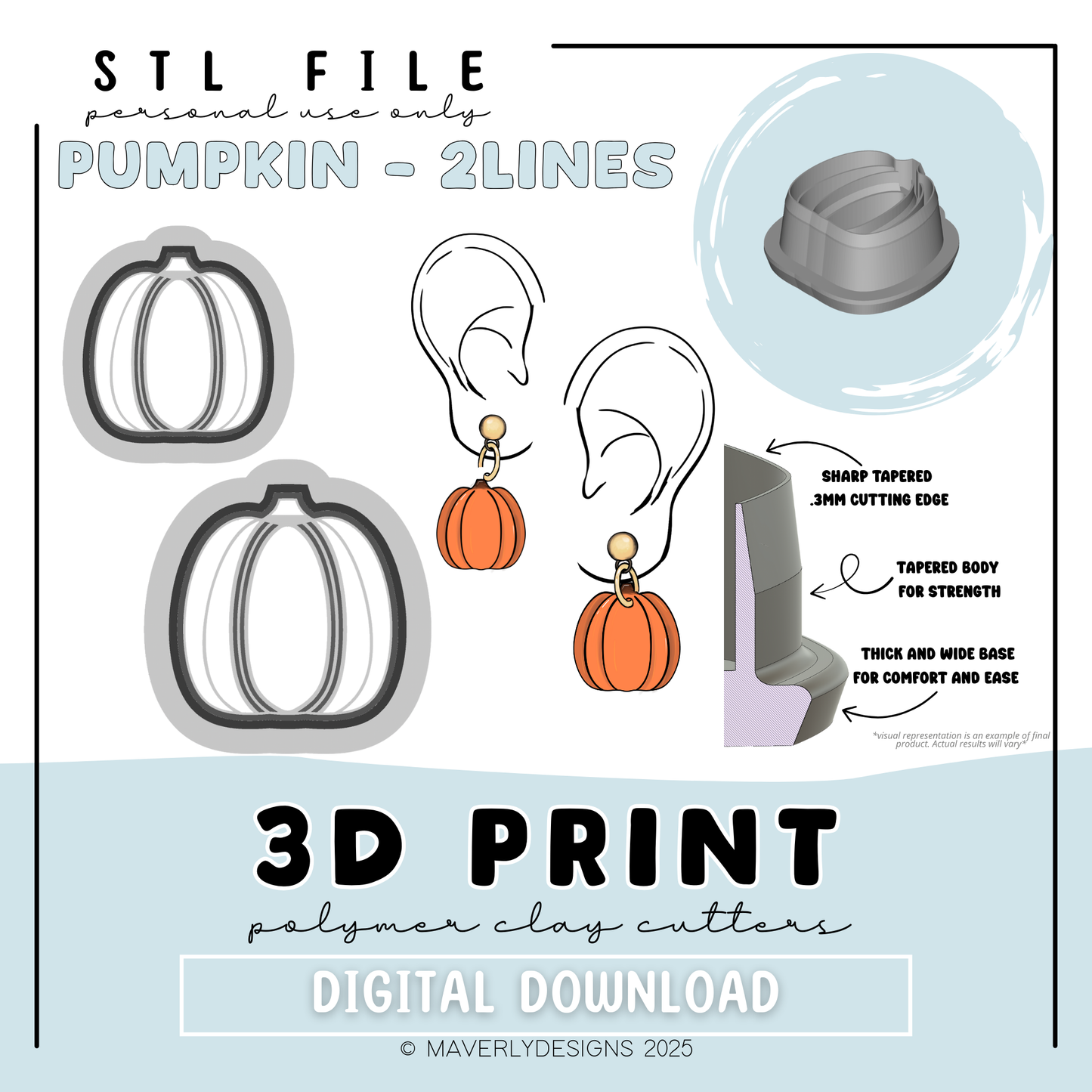2 Line Pumpkin - Digital Download - STL Polymer Clay Cutter - Print your own Clay Cutter