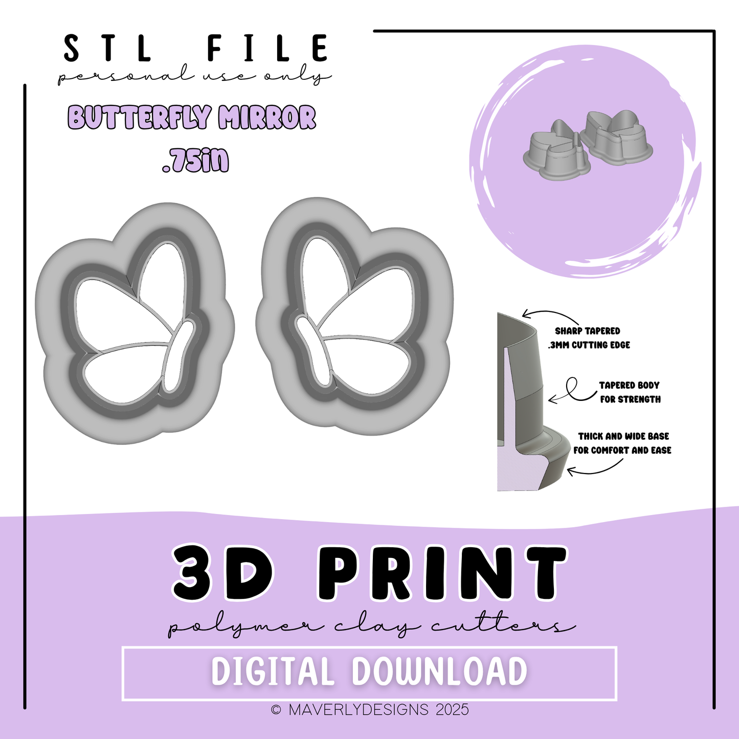 Butterfly Mirror .75in - Digital Download - STL Polymer Clay Cutter - Print your own Clay Cutter - 2026
