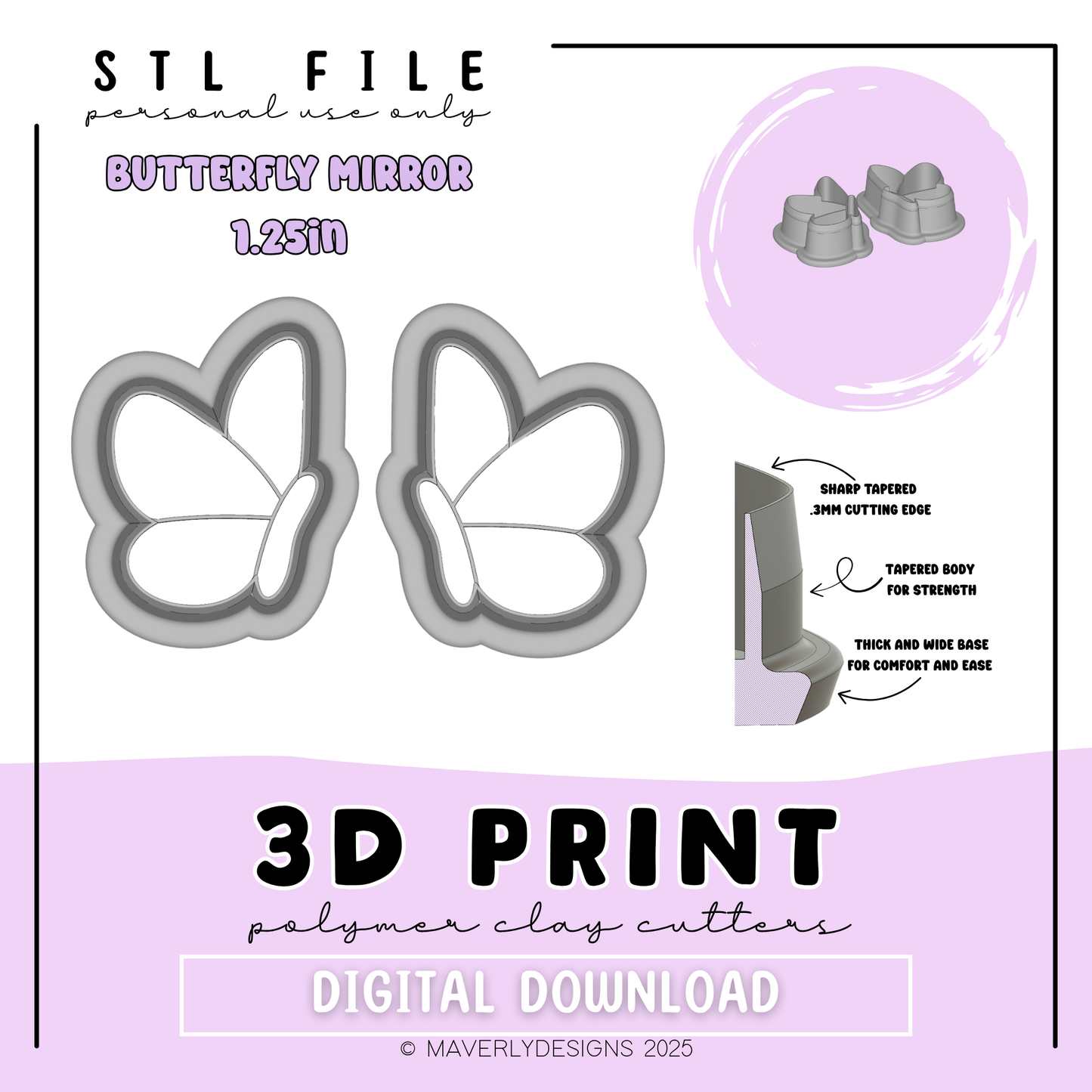 Butterfly Mirror 1.25in - Digital Download - STL Polymer Clay Cutter - Print your own Clay Cutter - 2026