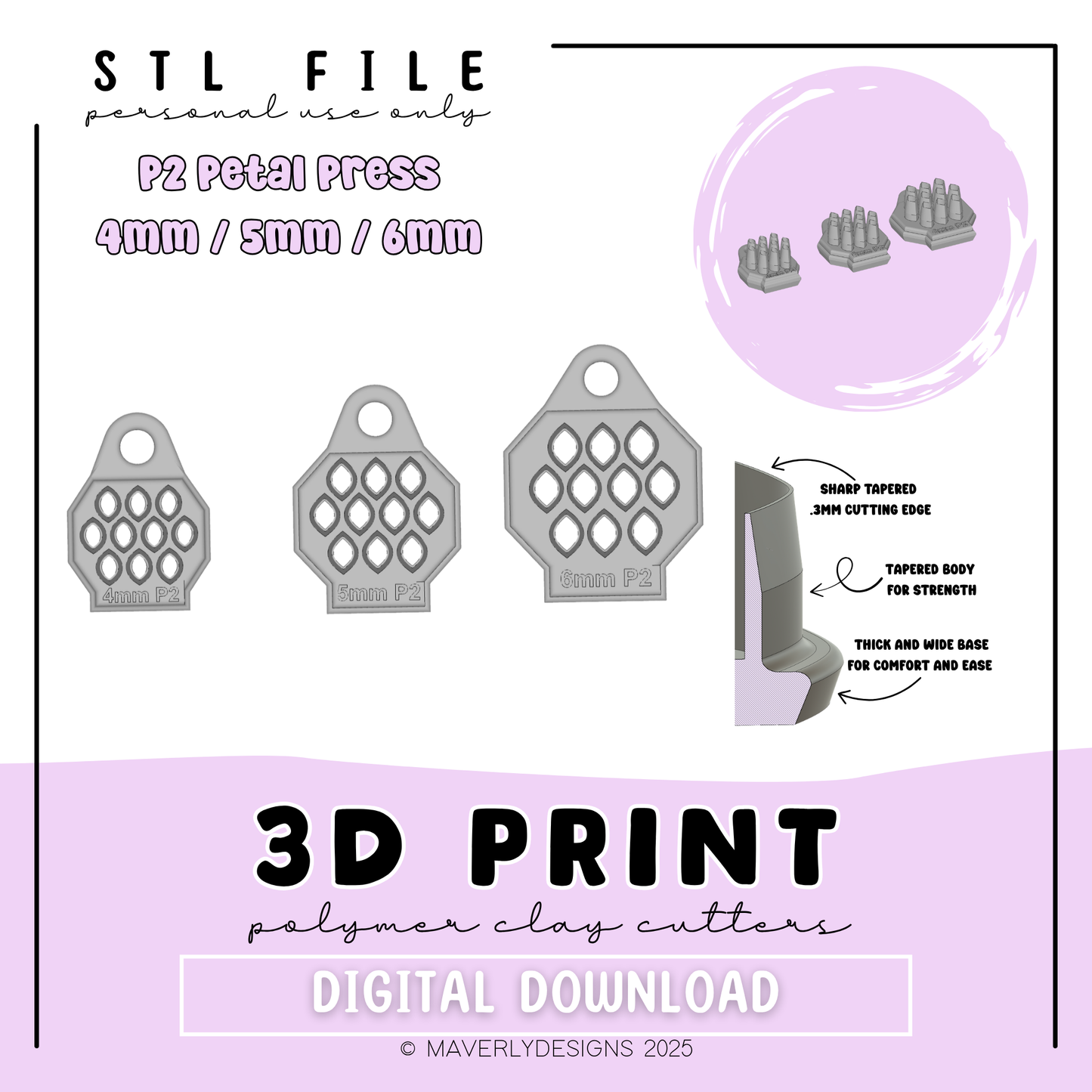P2 Petal Press Trio - Digital Download - STL Polymer Clay Cutter - Print your own Clay Cutter - 2026