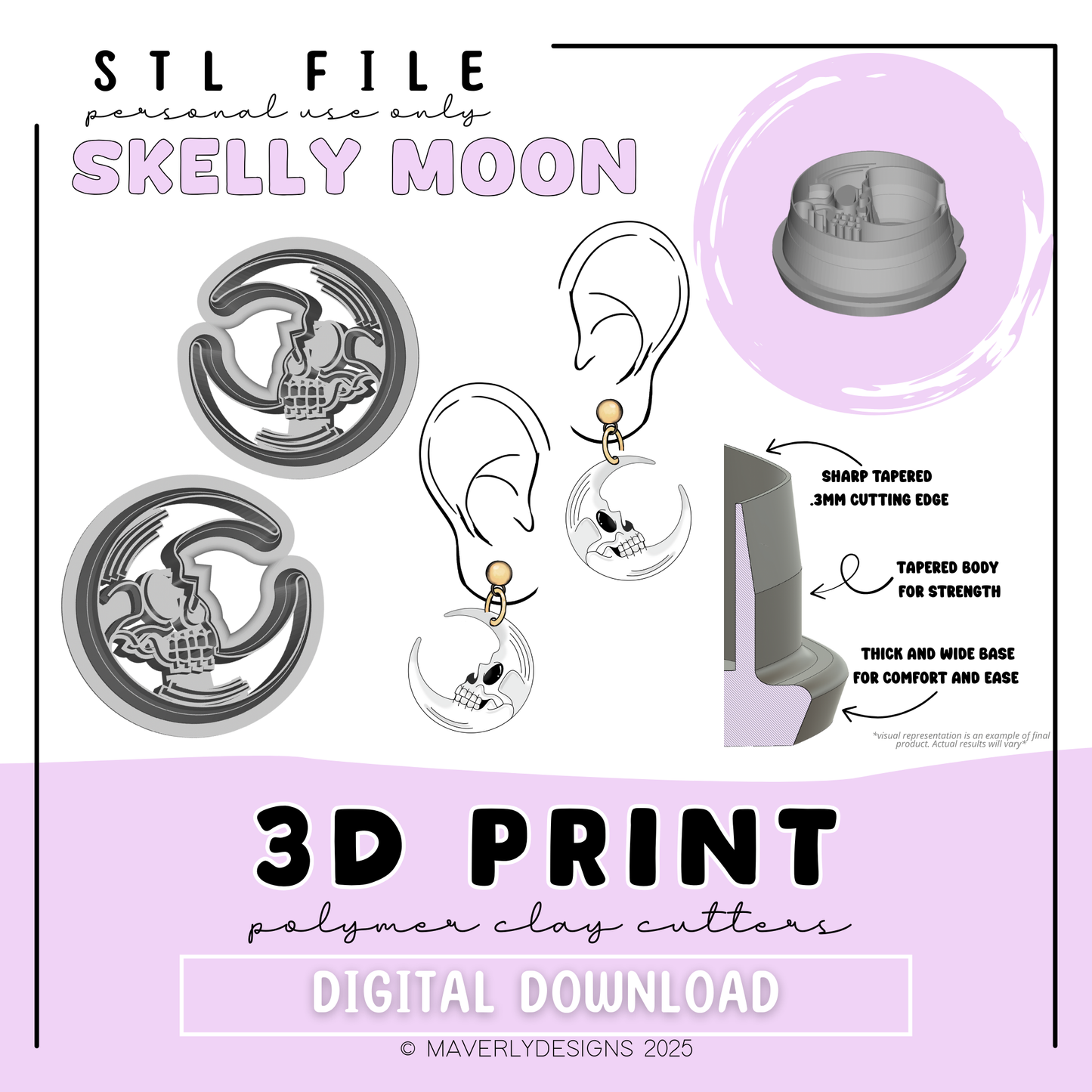 Skelly Moon - Digital Download - STL Polymer Clay Cutter - Print your own Clay Cutter