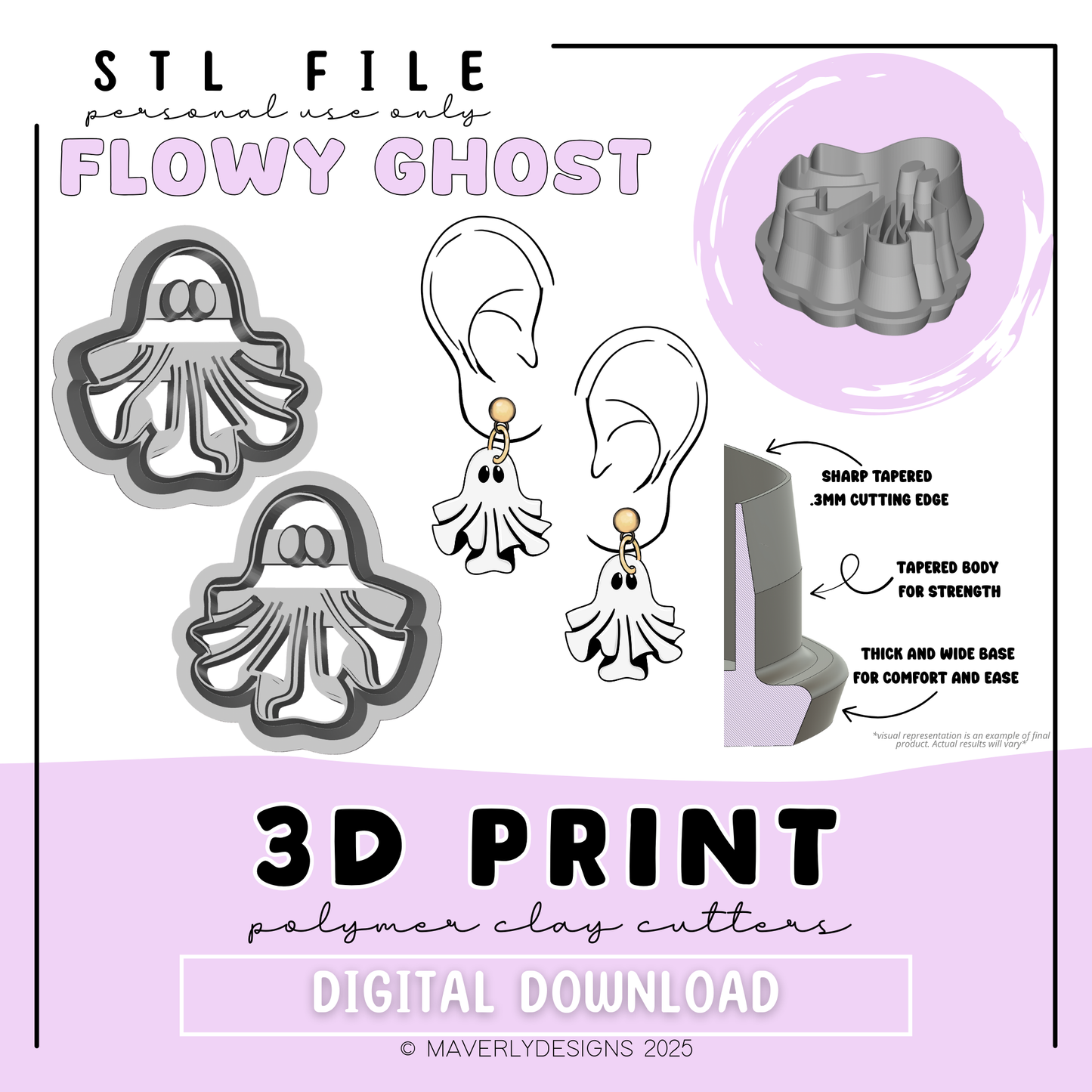 Flowy Ghost - Digital Download - STL Polymer Clay Cutter - Print your own Clay Cutter