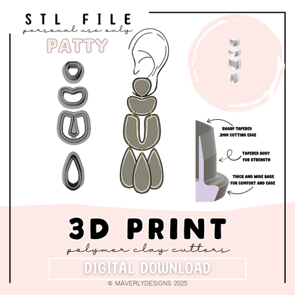 Patty Imprint Dangle Set- Digital Download - STL Polymer Clay Cutter - Print your own Clay Cutter