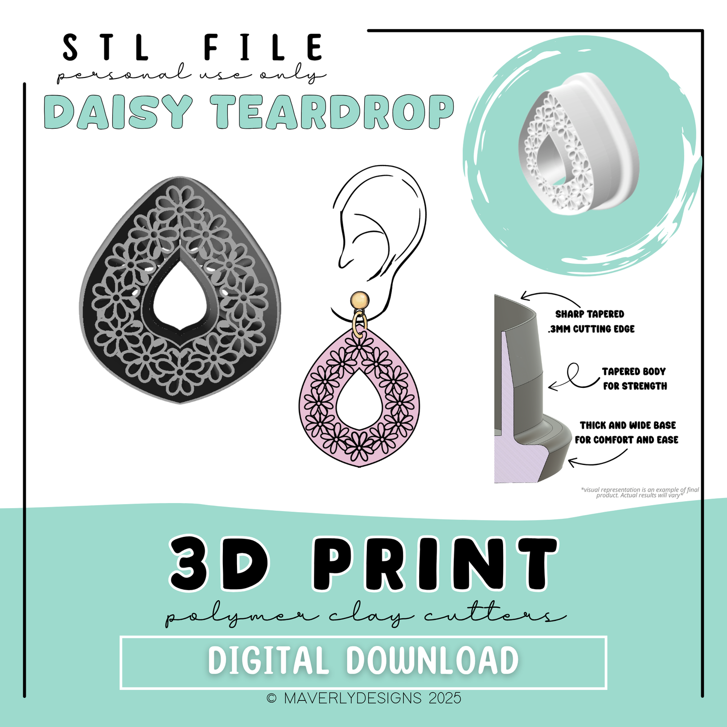 Daisy Imprint Teardrop Window - Digital Download - STL Polymer Clay Cutter - Print your own Clay Cutter