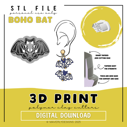 Boho Bat  - Digital Download - STL Polymer Clay Cutter - Print your own Clay Cutter