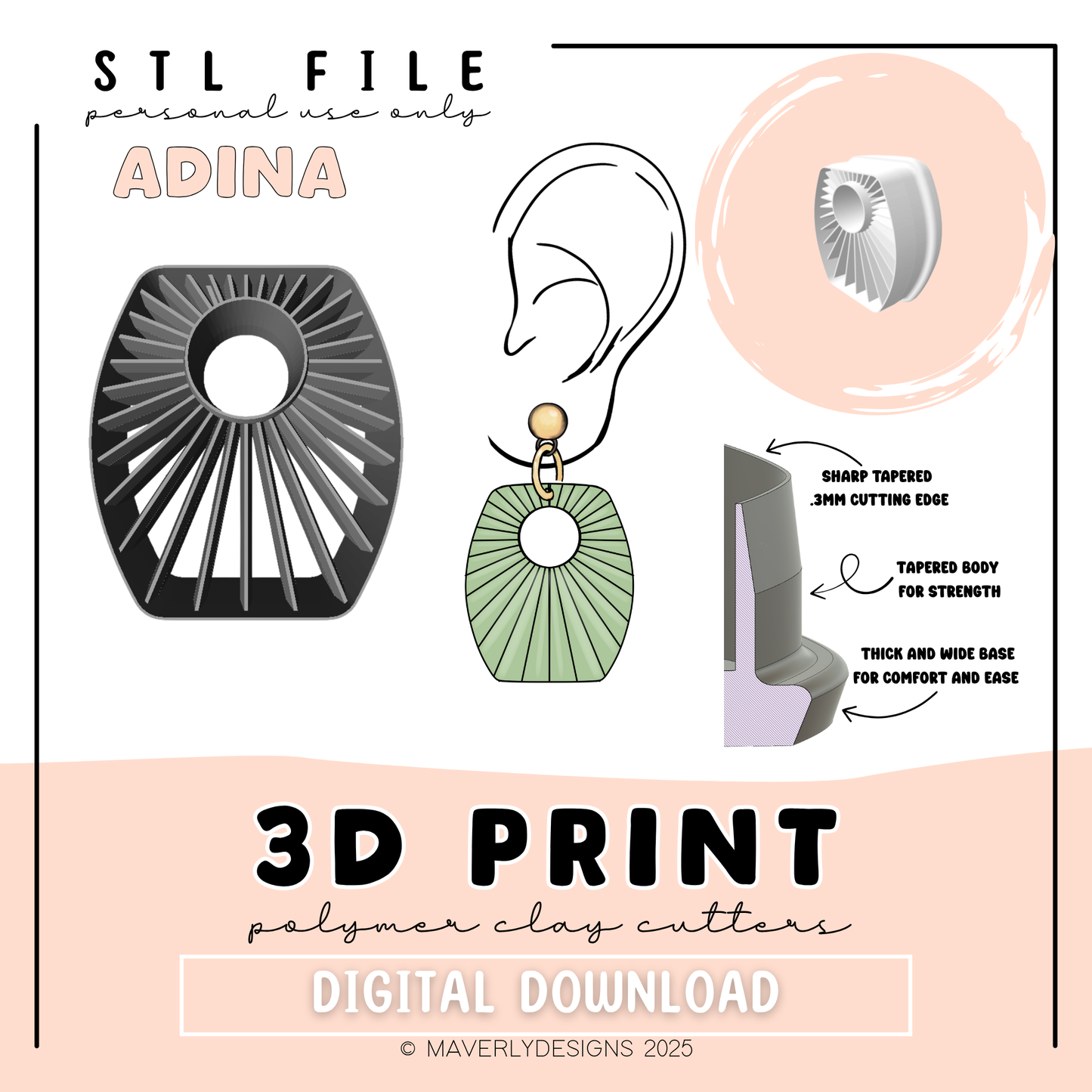 Adina - Digital Download - STL Polymer Clay Cutter - Print your own Clay Cutter