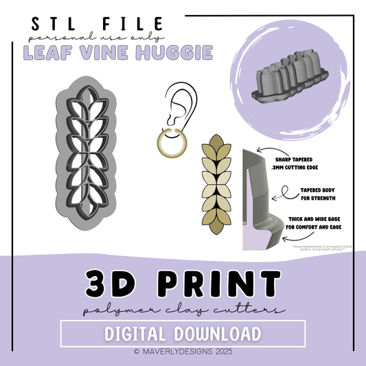 Leaf Vine Huggie - Digital Download - STL Polymer Clay Cutter - Print your own Clay Cutter