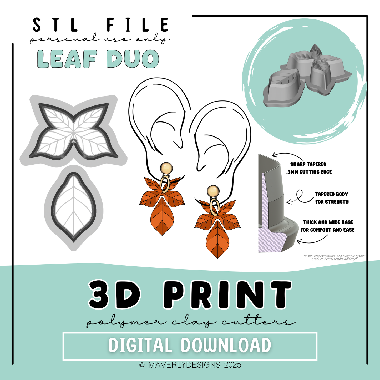 Autumn Leaves Imprint Duo - Digital Download - STL Polymer Clay Cutter - Print your own Clay Cutter
