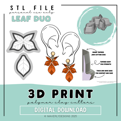 Autumn Leaves Imprint Duo - Digital Download - STL Polymer Clay Cutter - Print your own Clay Cutter