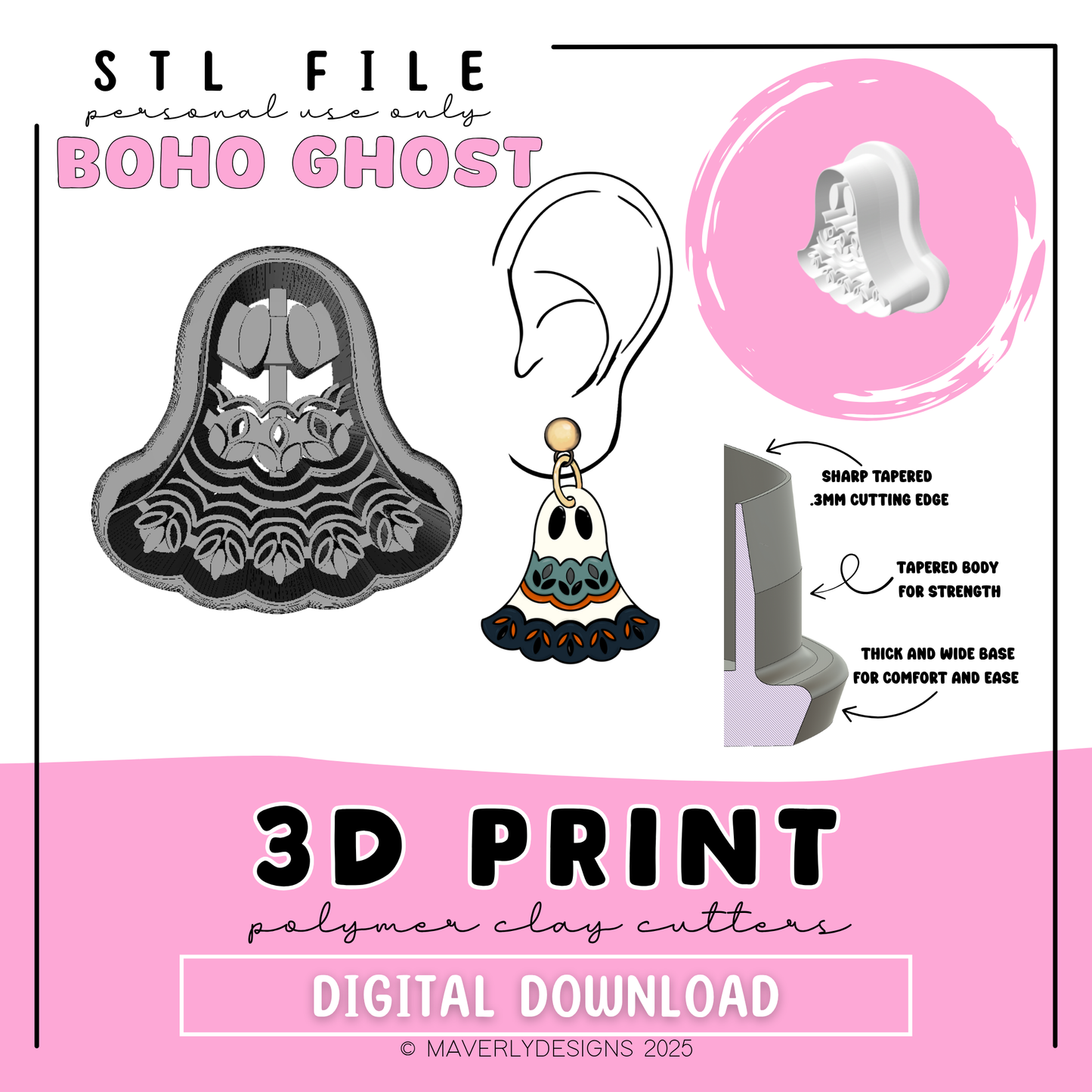 Boho Ghost  - Digital Download - STL Polymer Clay Cutter - Print your own Clay Cutter