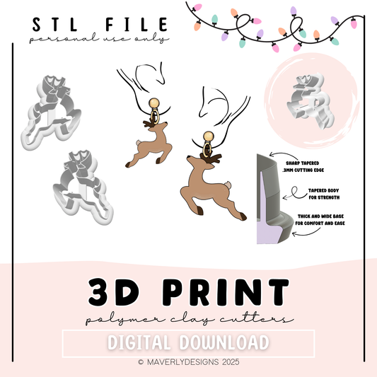 Leaping Reindeer - Digital Download - STL Polymer Clay Cutter - Print your own Clay Cutter