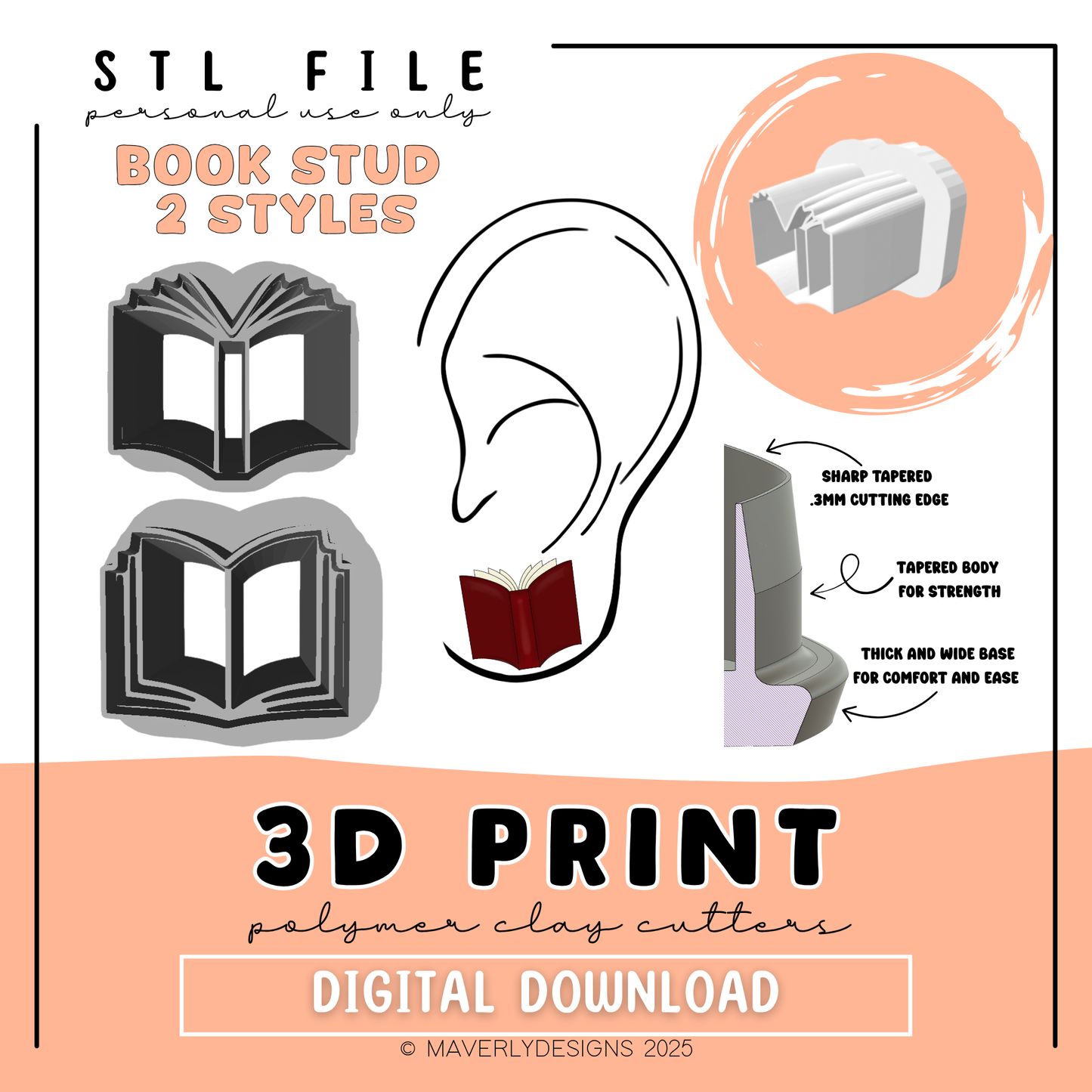 Book Studs - Digital Download - STL Polymer Clay Cutter - Print your own Clay Cutter