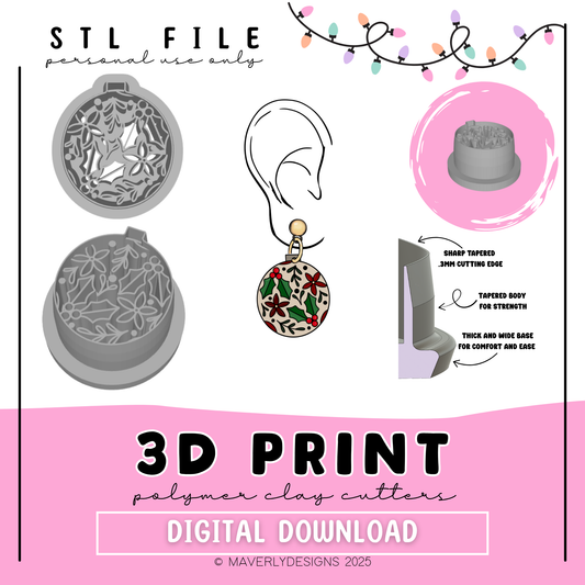 Holly Festive Bulb Imprint - Digital Download - STL Polymer Clay Cutter - Print your own Clay Cutter
