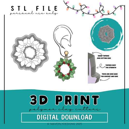 Holly and Berries Wreath - Digital Download - STL Polymer Clay Cutter - Print your own Clay Cutter