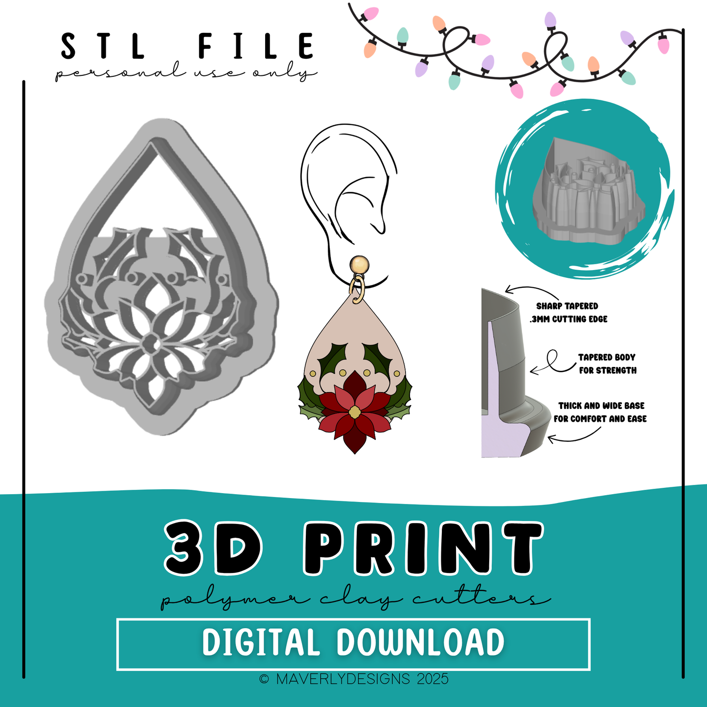 Teardrop Poinsettia Teardrop - Digital Download - STL Polymer Clay Cutter - Print your own Clay Cutter