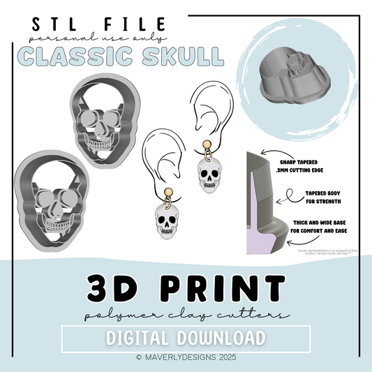 Skeleton Head Classic- Digital Download - STL Polymer Clay Cutter - Print your own Clay Cutter