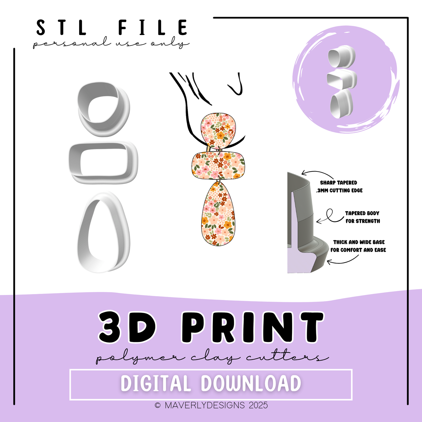 Mira Organic Trio - Digital Download - STL Polymer Clay Cutter - Print your own Clay Cutter