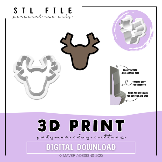 Reindeer Head - Digital Download - STL Polymer Clay Cutter - Print your own Clay Cutter