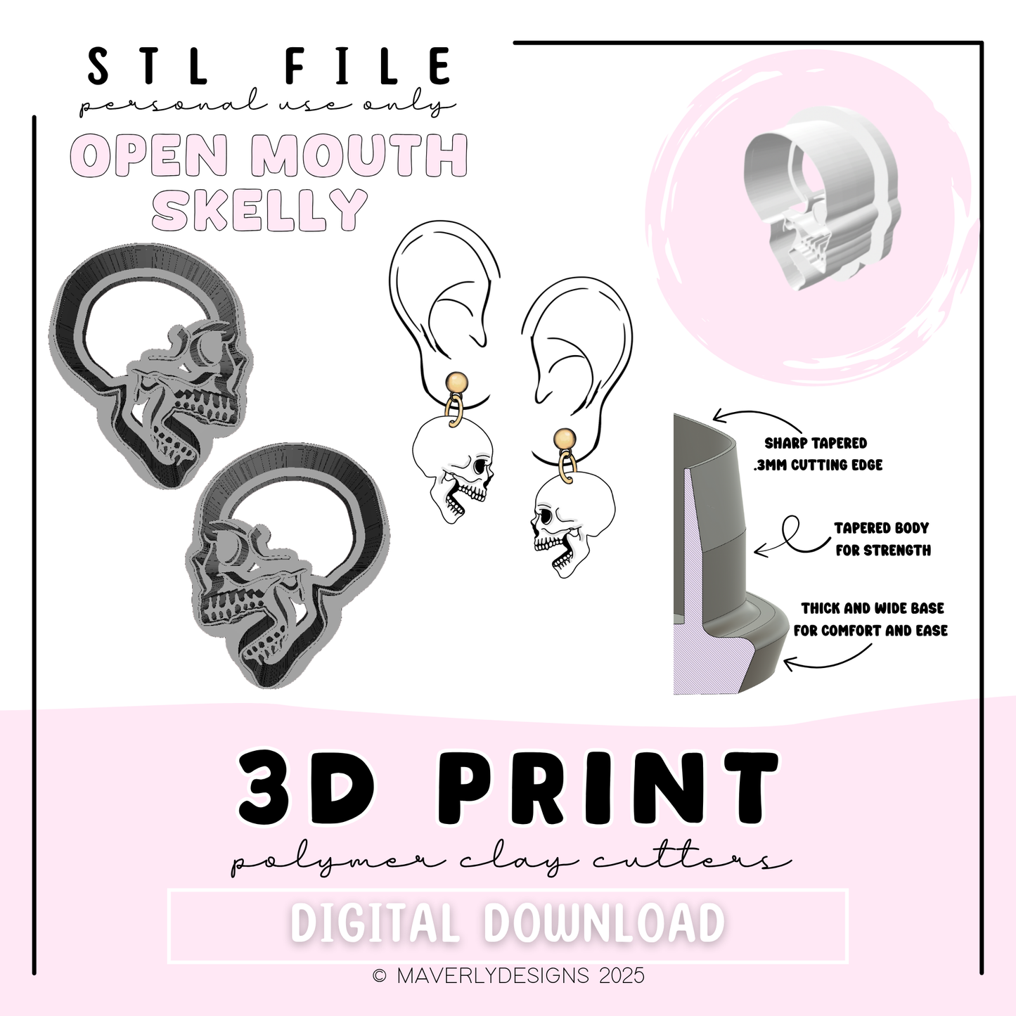 Open Mouth Skelly - Digital Download - STL Polymer Clay Cutter - Print your own Clay Cutter